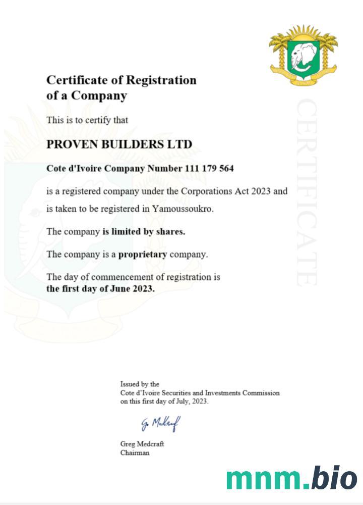 Cote d' Ivoire vcertyfikat of registration Word i szablon PDF